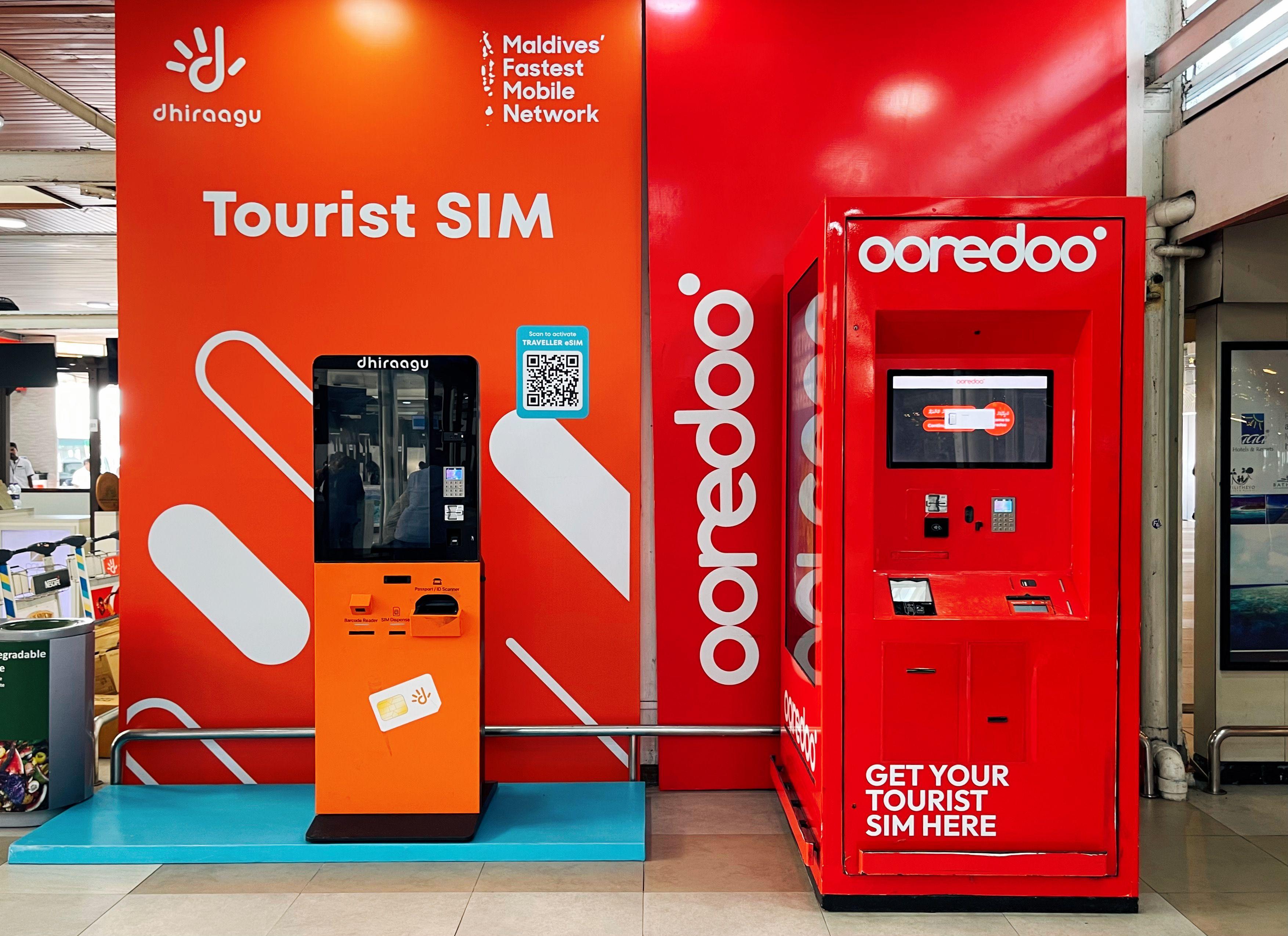 Ooredoo Maldives and Dhiraagu SIM vending machines at maldives airport