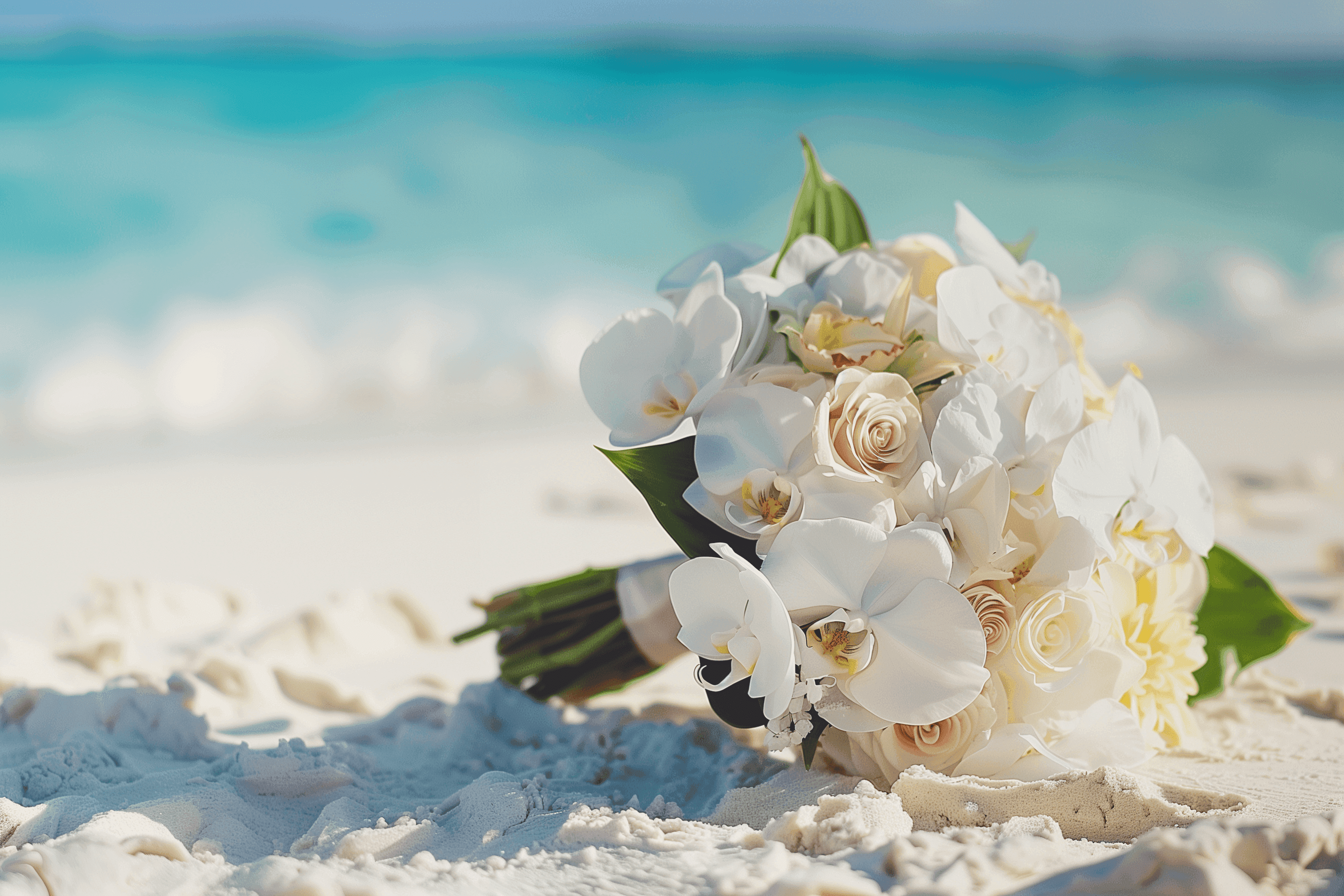 wedding flower bouquet on the beach in Maldives