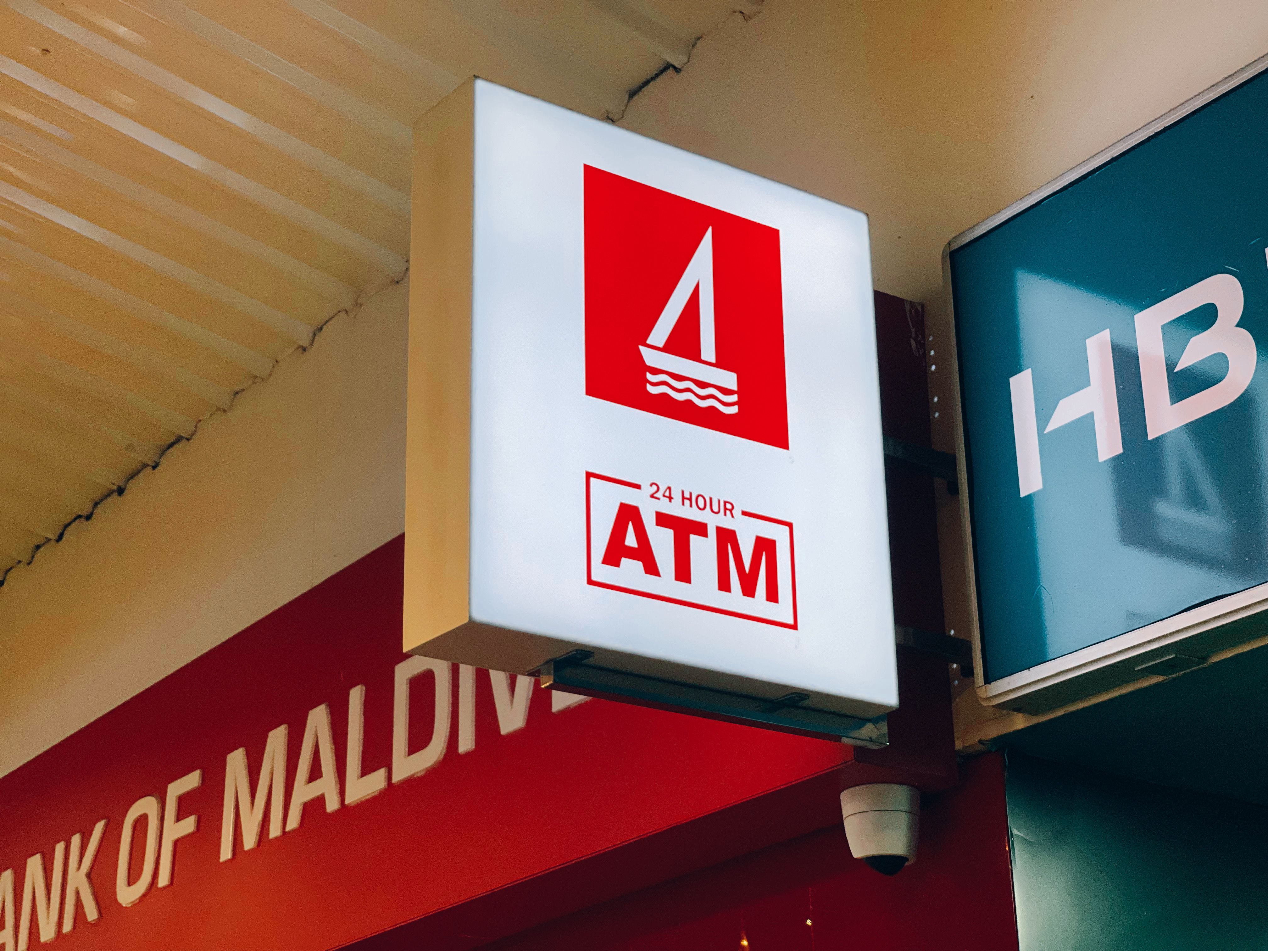 Signboard of Bank of Maldives ATM at Velana International Airport in the Maldives